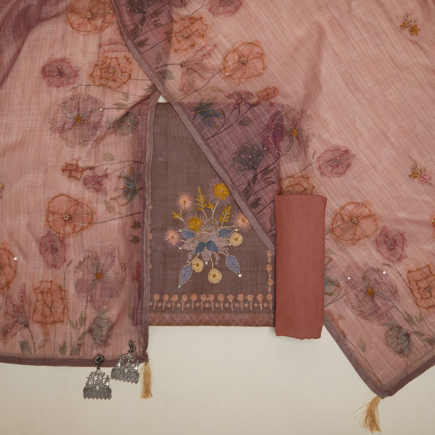 Javer Checkered Linen Kantha hand embroidery & French knots Dress Material
