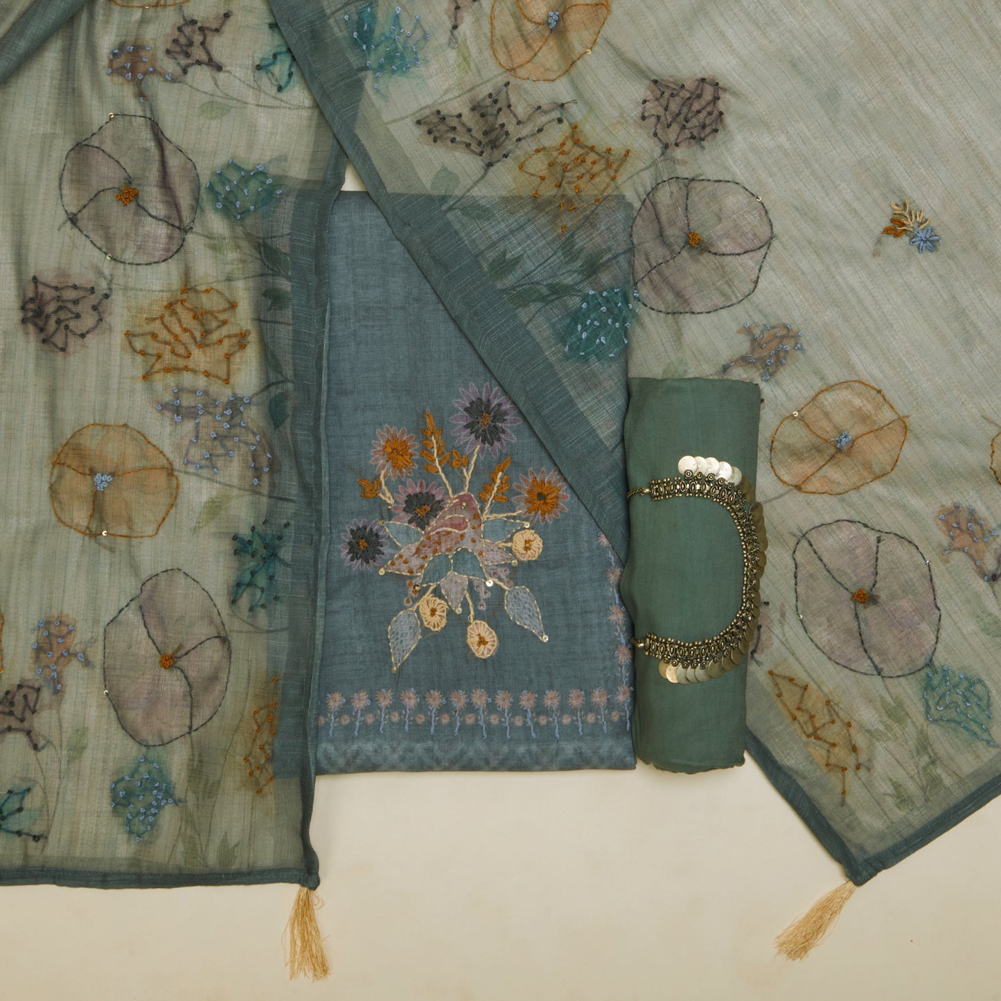 Javer Checkered Linen Kantha hand embroidery & French knots Dress Material