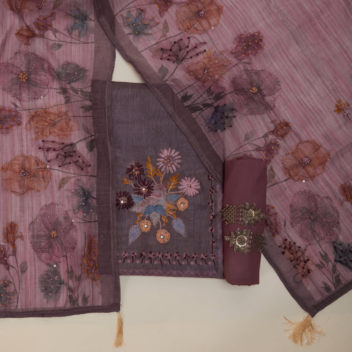 Javer Checkered Linen Kantha hand embroidery & French knots Dress Material