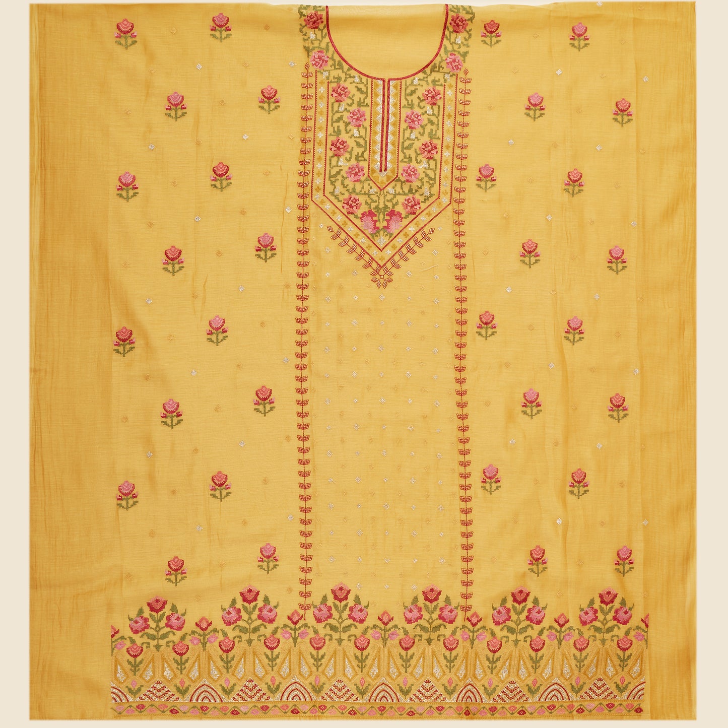 Javer Mul Chanderi Cross-Stitch embroidered Unstitched 3pcs Suit Set for Women