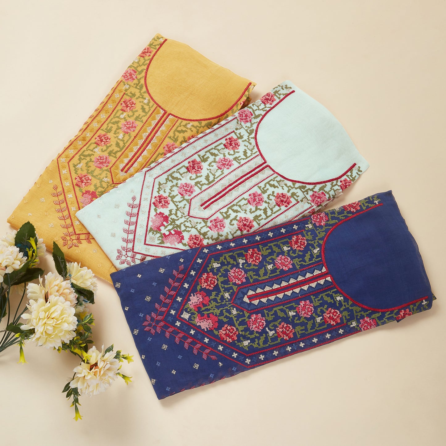 Javer Mul Chanderi Cross-Stitch embroidered Unstitched 3pcs Suit Set for Women