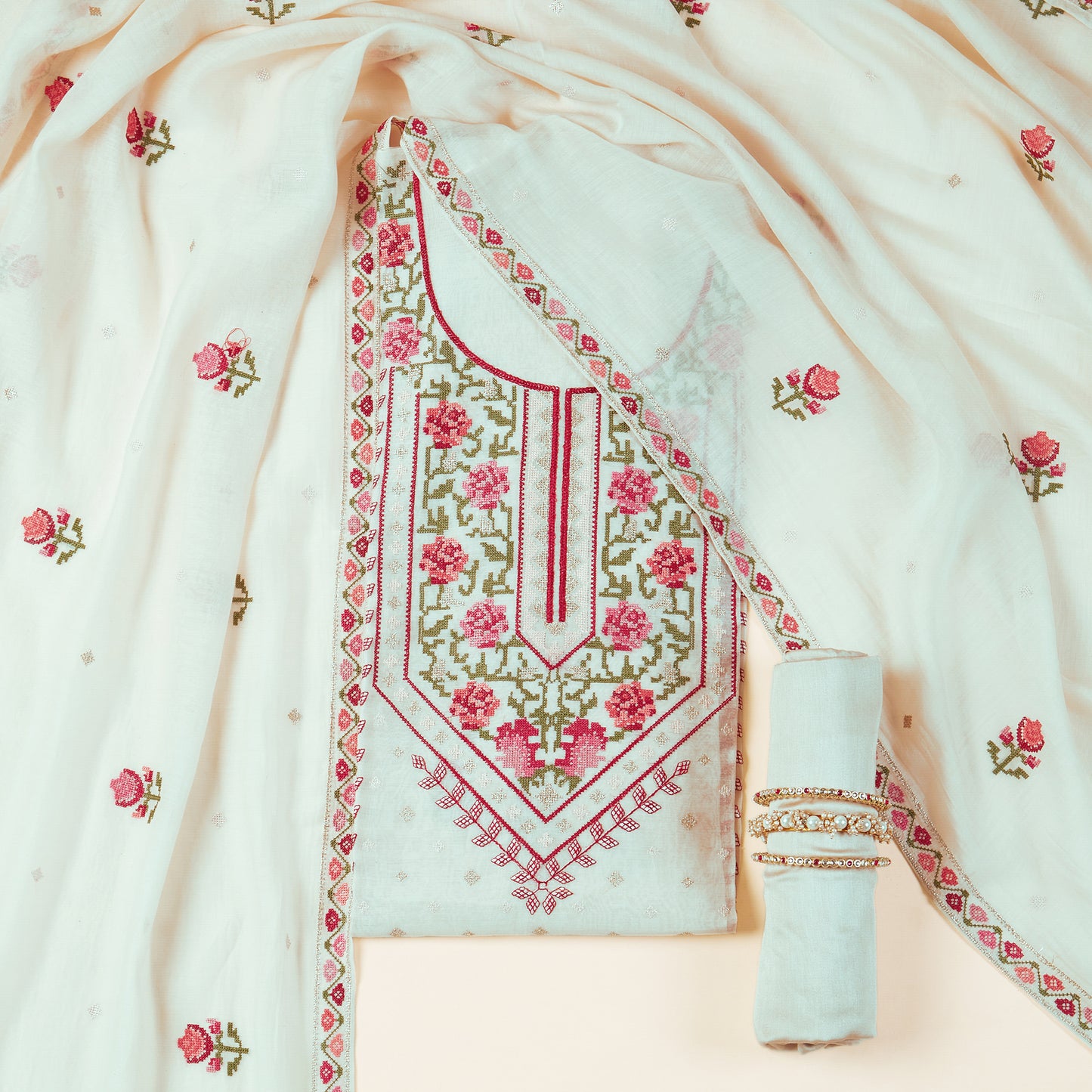 Javer Mul Chanderi Cross-Stitch embroidered Unstitched 3pcs Suit Set for Women