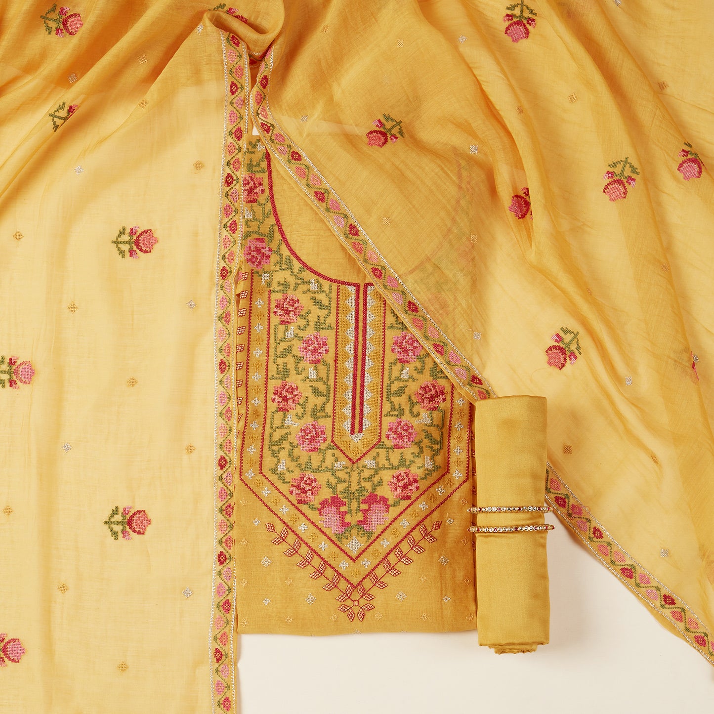 Javer Mul Chanderi Cross-Stitch embroidered Unstitched 3pcs Suit Set for Women