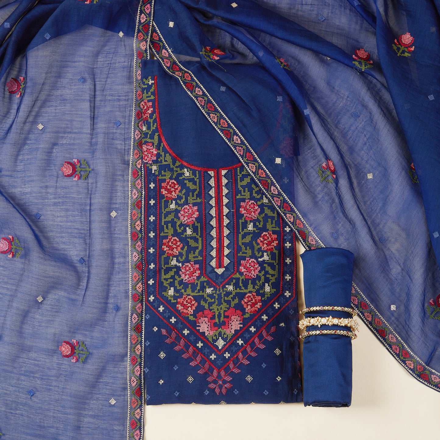 Javer Mul Chanderi Cross-Stitch embroidered Unstitched 3pcs Suit Set for Women