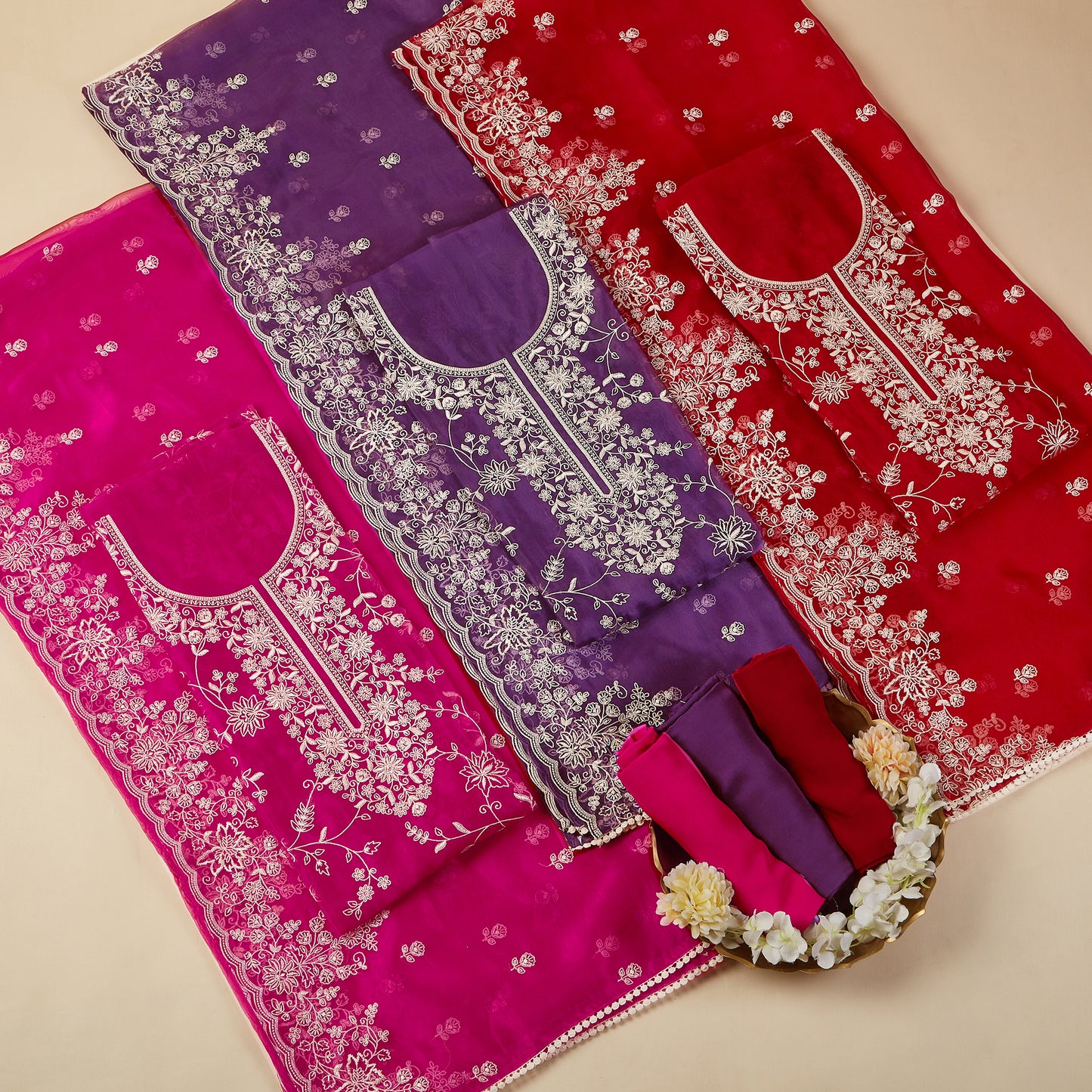 Javer Tissue Silk all-over Floral Parsi Thread Work Unstitched 3 pcs Dress Material