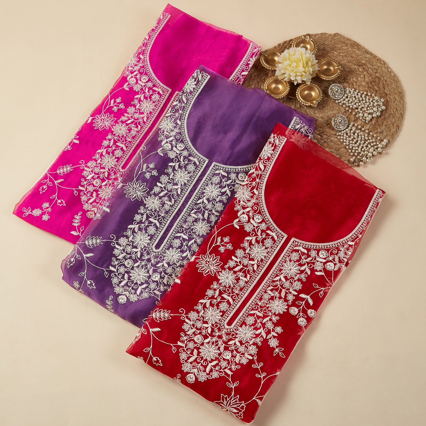 Javer Tissue Silk all-over Floral Parsi Thread Work Unstitched 3 pcs Dress Material