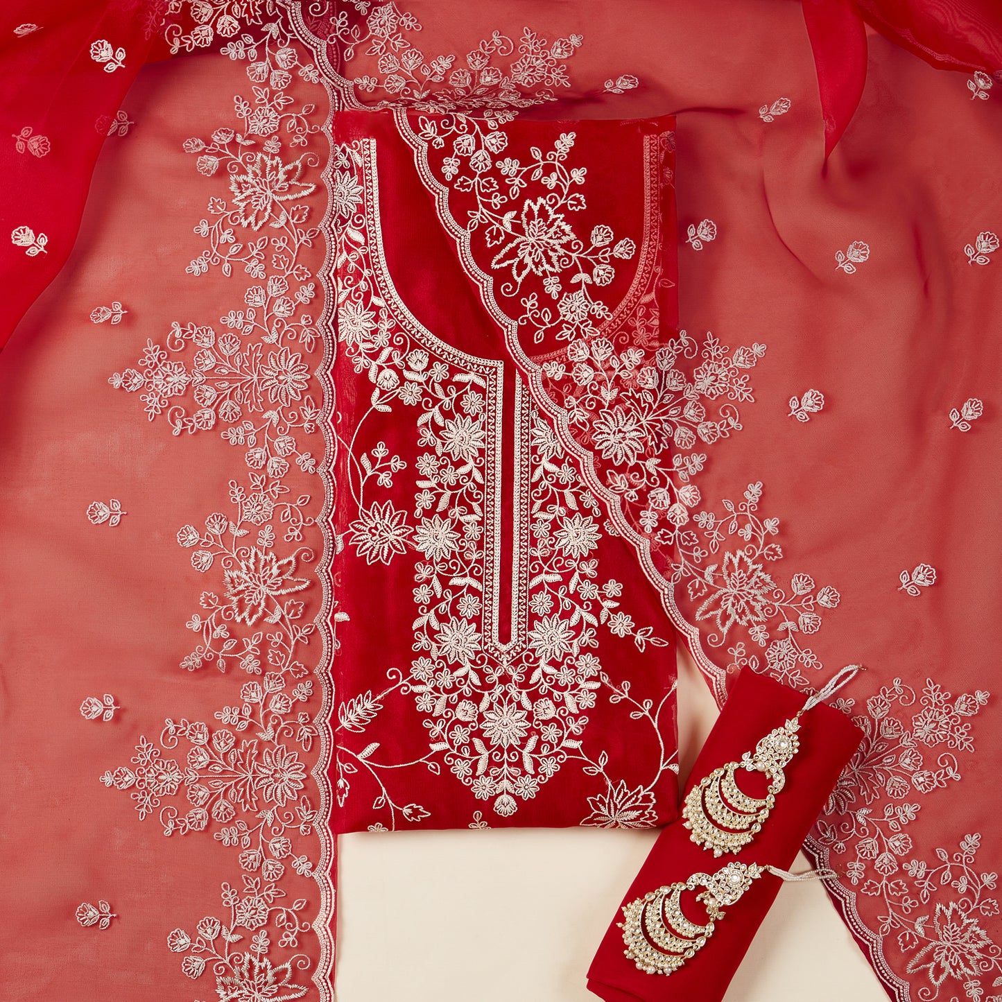 Javer Tissue Silk all-over Floral Parsi Thread Work Unstitched 3 pcs Dress Material