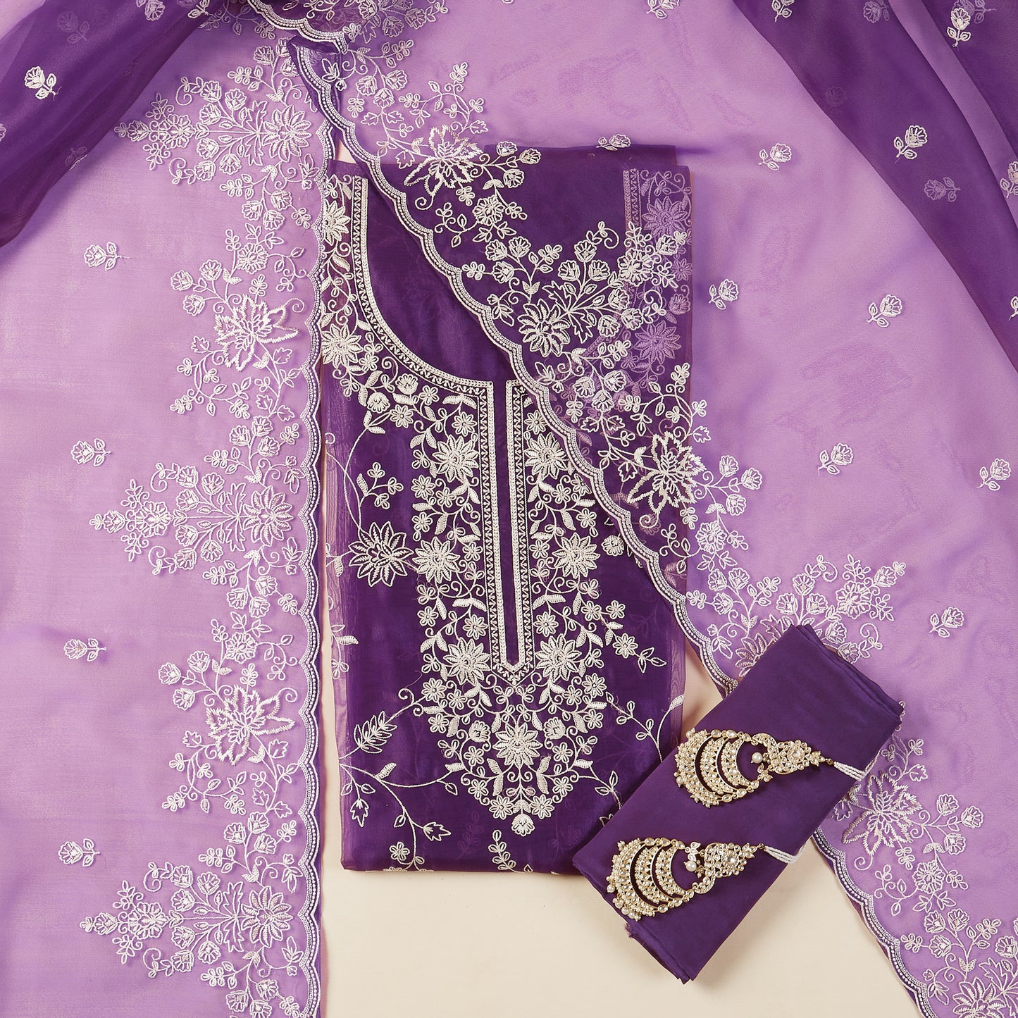 Javer Tissue Silk all-over Floral Parsi Thread Work Unstitched 3 pcs Dress Material
