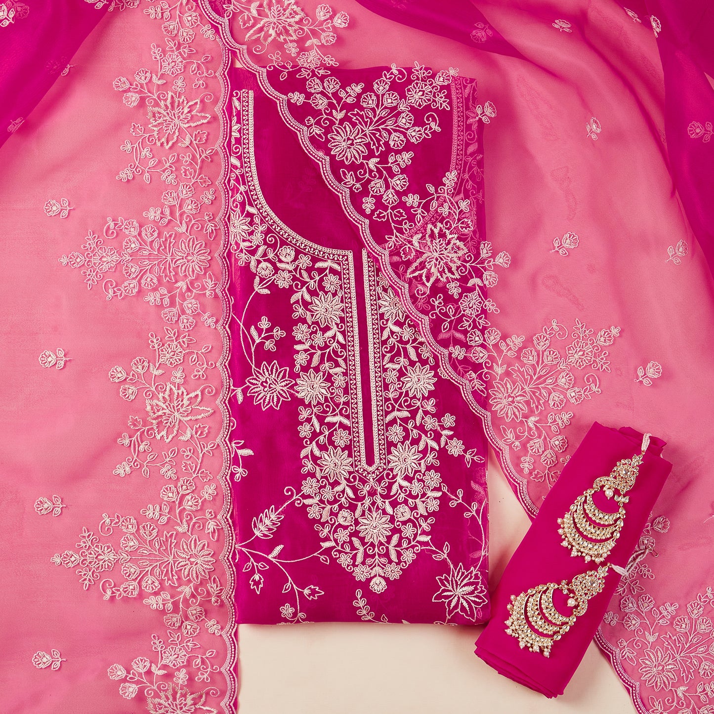 Javer Tissue Silk all-over Floral Parsi Thread Work Unstitched 3 pcs Dress Material