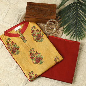 - Javer Unstitched Suit Set for Women - Tussar Silk Block Print Sequence Work