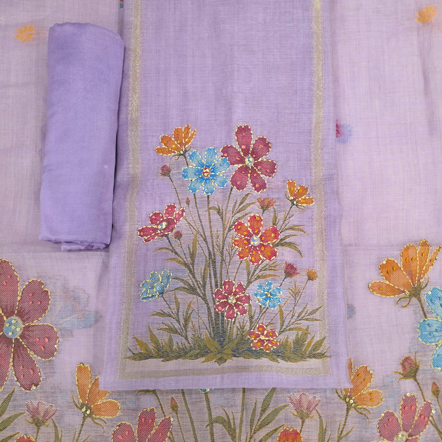 Javer Chanderi Silk Kantha Hand Work Dress Material for Women