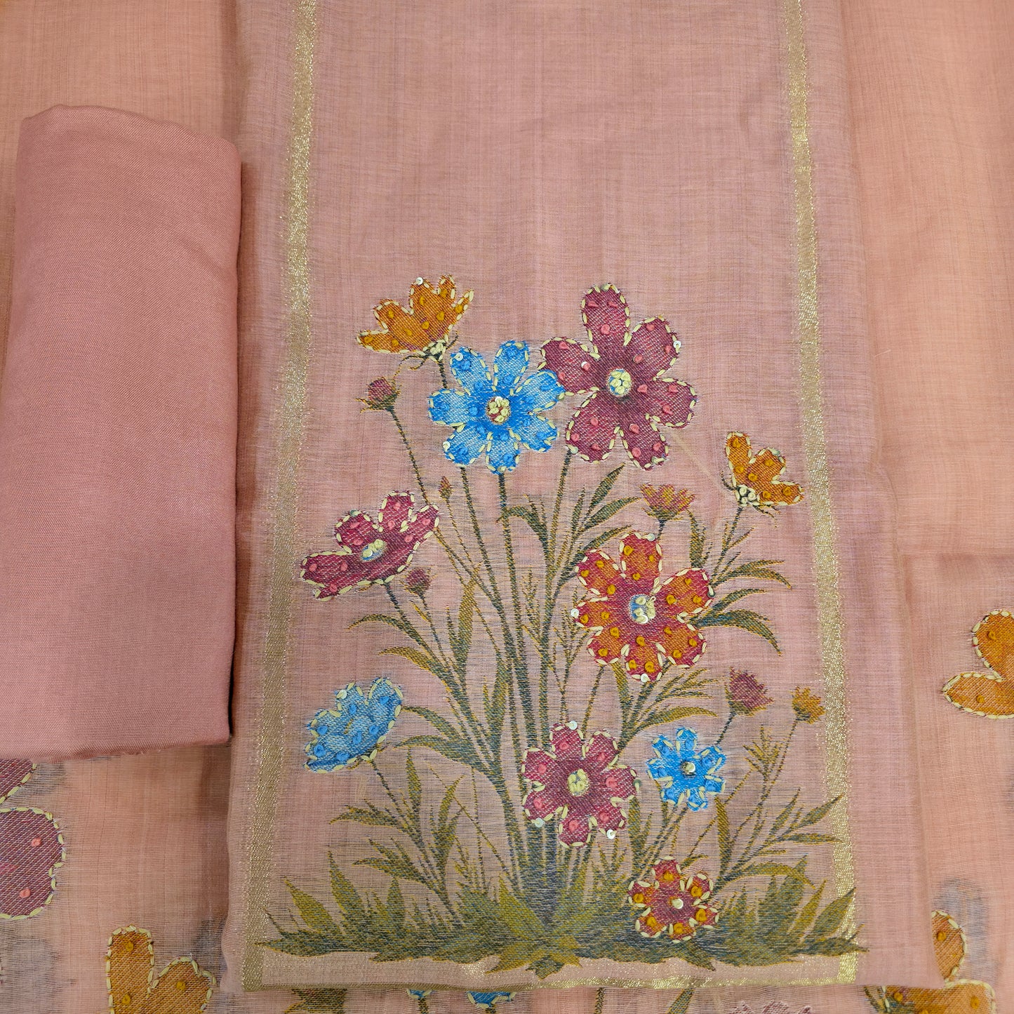 Javer Chanderi Silk Kantha Hand Work Dress Material for Women
