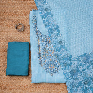- Javer Unstitched Dress Material for Women - Linen Kantha Work