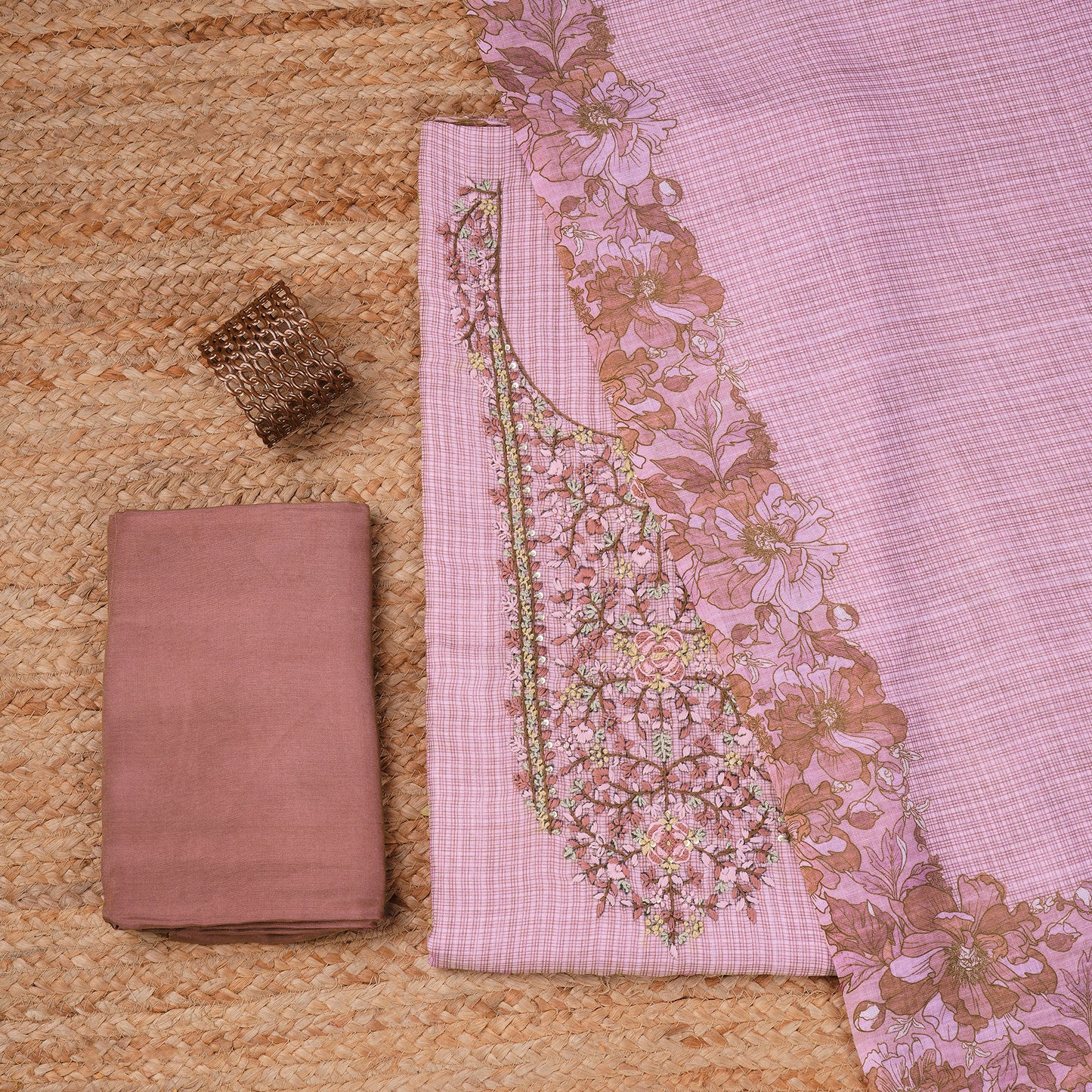 Javer Unstitched Dress Material for Women - Linen Kantha Work
