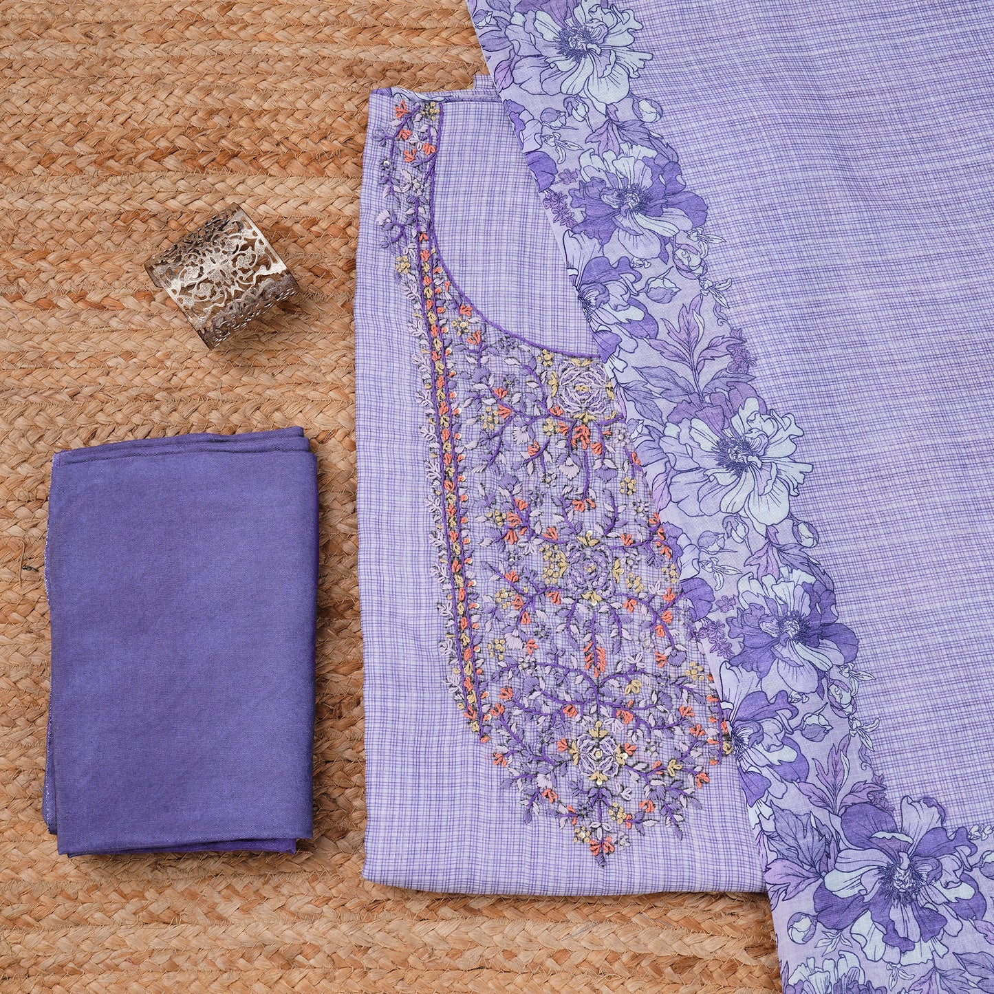 Javer Unstitched Dress Material for Women - Linen Kantha Work