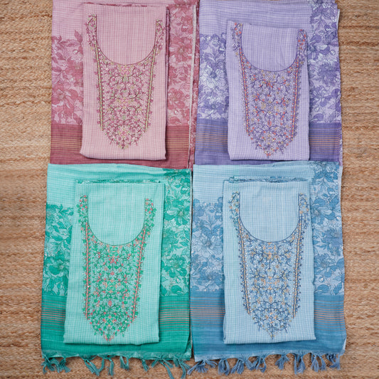 Javer Unstitched Dress Material for Women - Linen Kantha Work