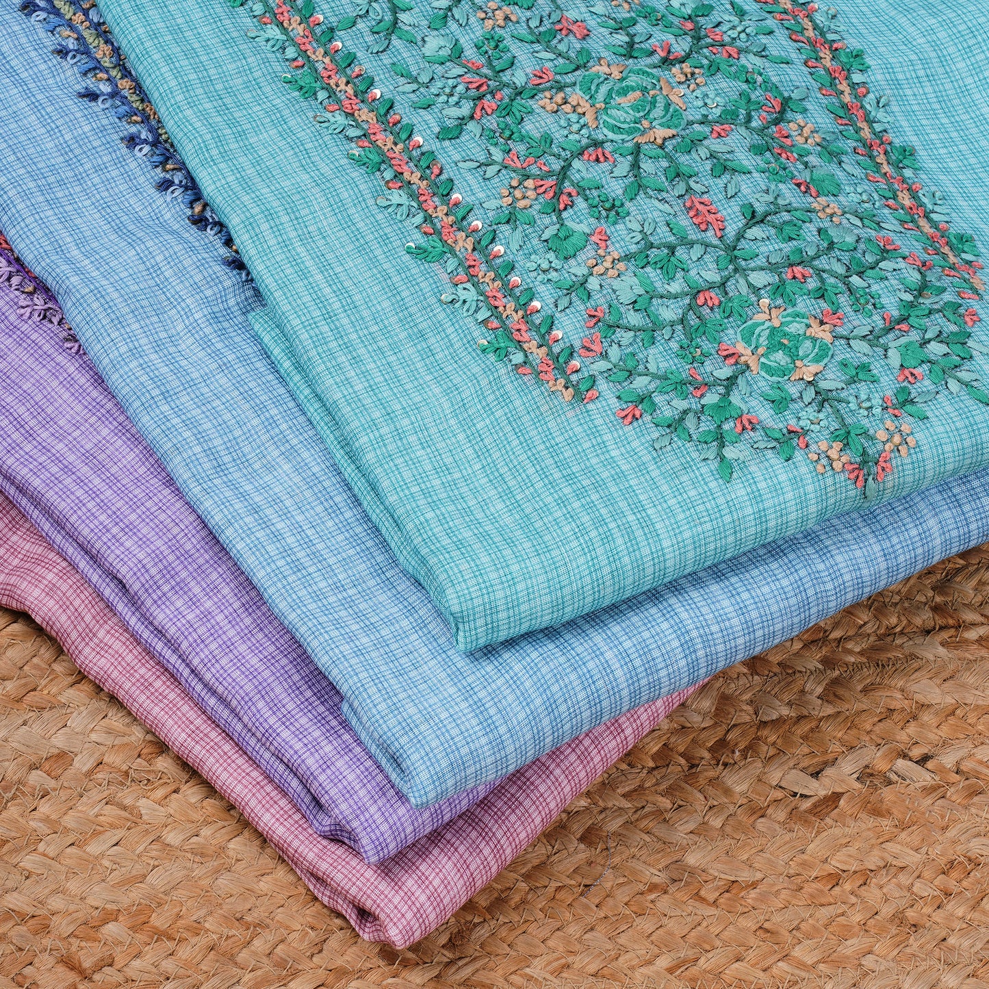 Javer Unstitched Dress Material for Women - Linen Kantha Work