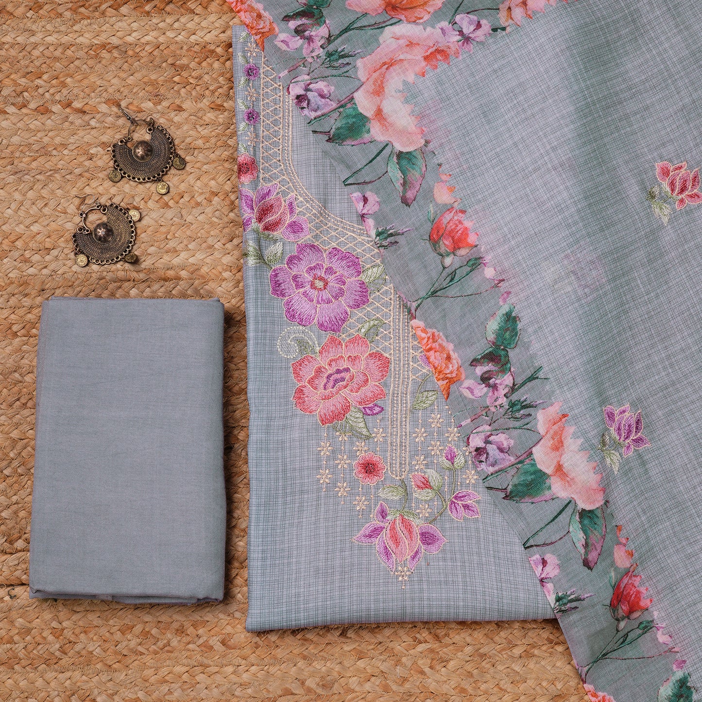 Javer Unstitched Dress Material for Women - Kota Silk Floral Thread Work