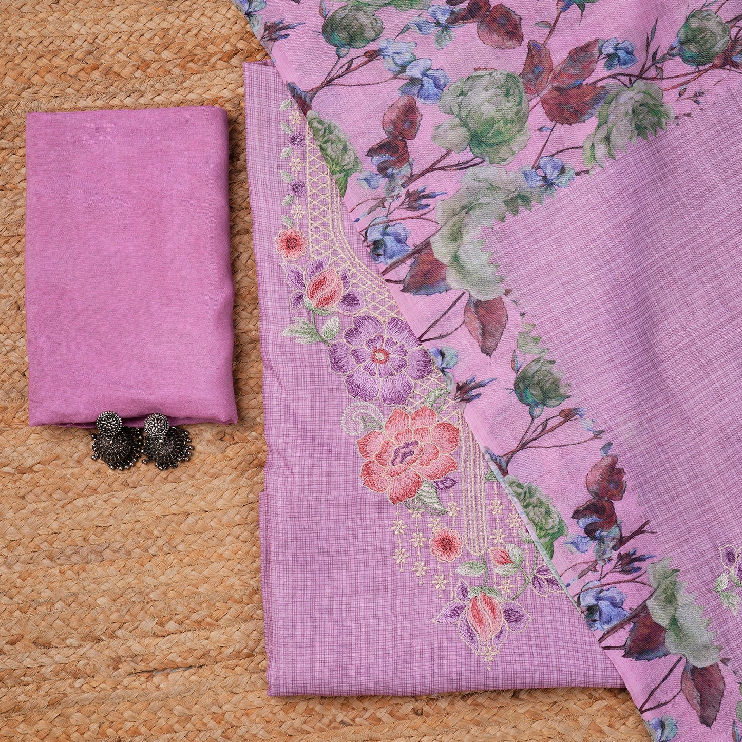 Javer Unstitched Dress Material for Women - Kota Silk Floral Thread Work