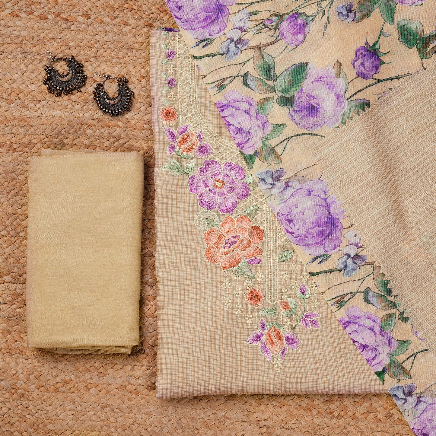 Javer Unstitched Dress Material for Women - Kota Silk Floral Thread Work
