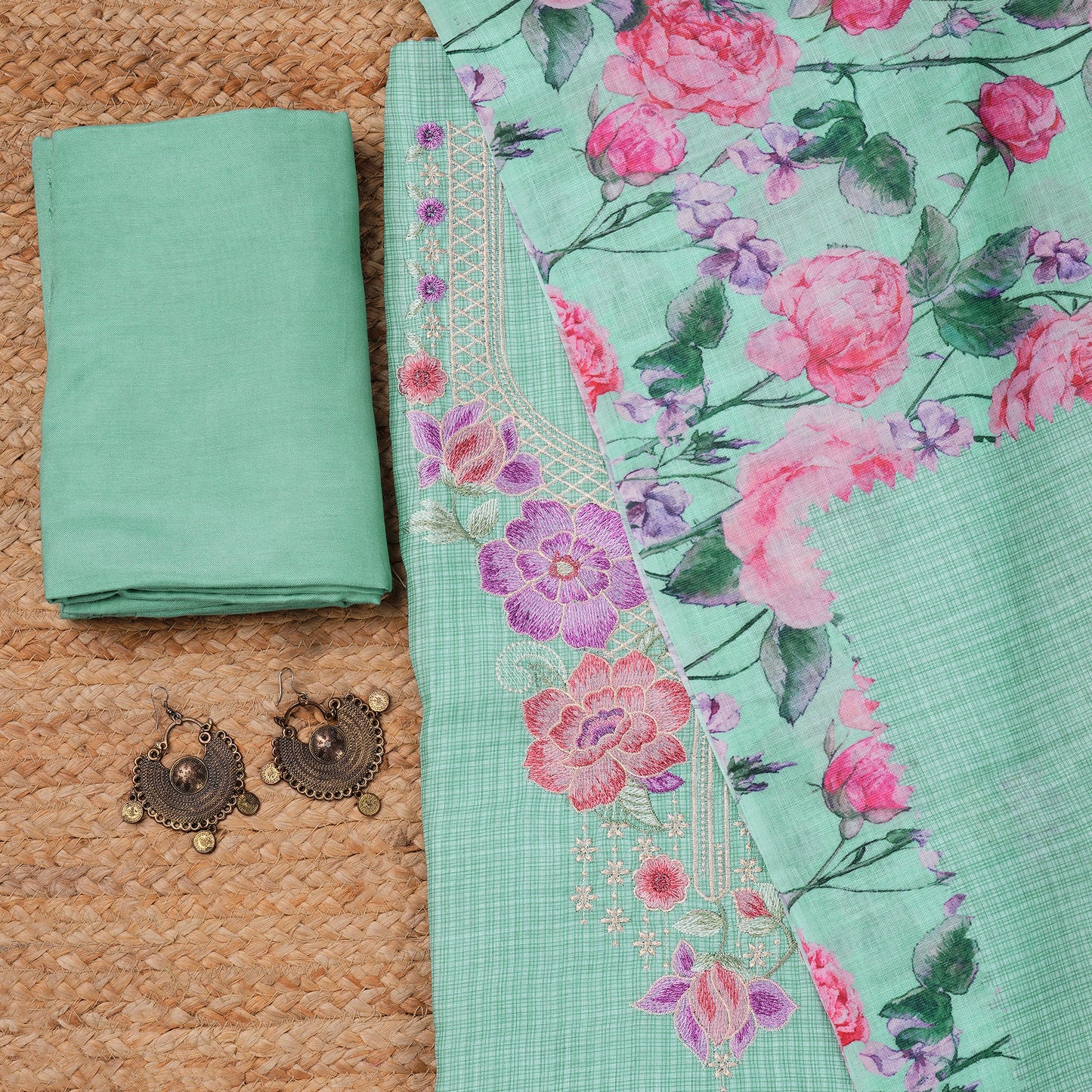 Javer Unstitched Dress Material for Women - Kota Silk Floral Thread Work