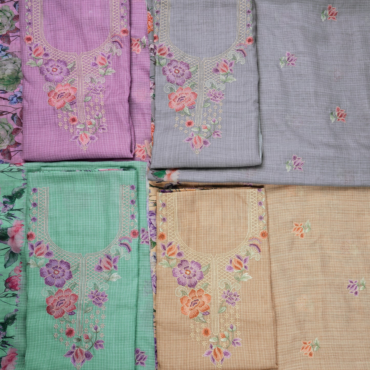 Javer Unstitched Dress Material for Women - Kota Silk Floral Thread Work