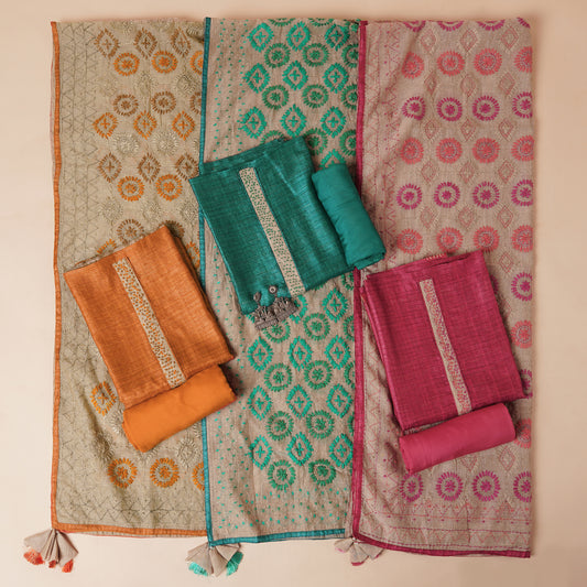 Javer Geometric Chanderi Silk Fulkari Thread Work Unstitched Suit Set for Women