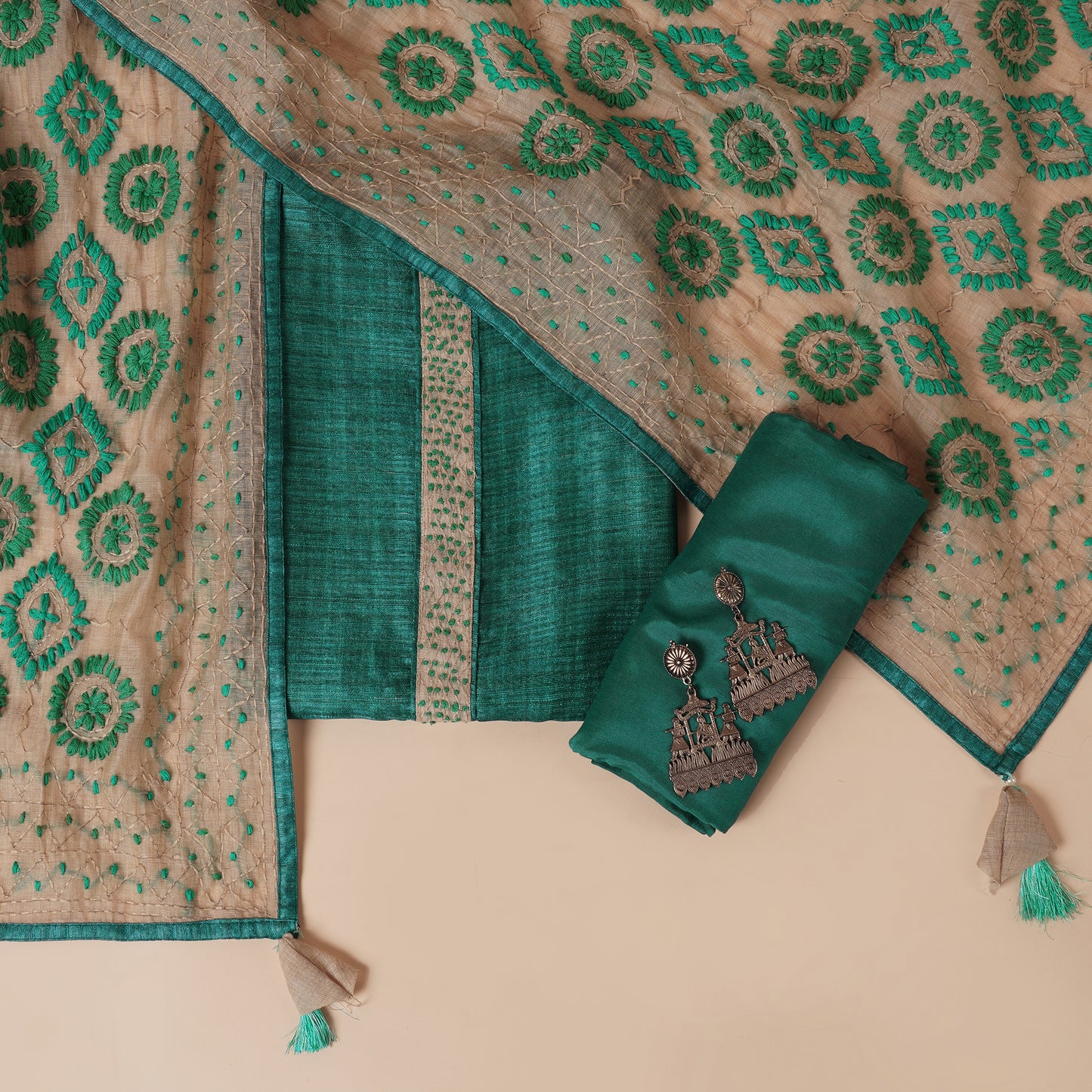 Javer Geometric Chanderi Silk Fulkari Thread Work Unstitched Suit Set for Women