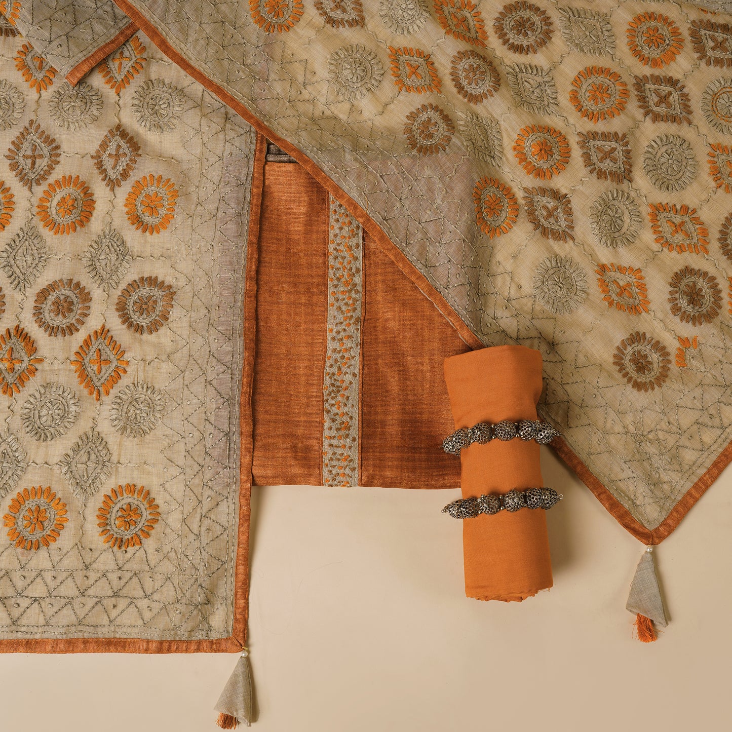 Javer Geometric Chanderi Silk Fulkari Thread Work Unstitched Suit Set for Women