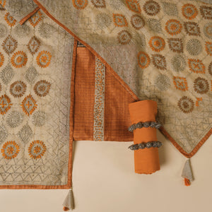 - Javer Geometric Chanderi Silk Fulkari Thread Work Unstitched Suit Set for Women
