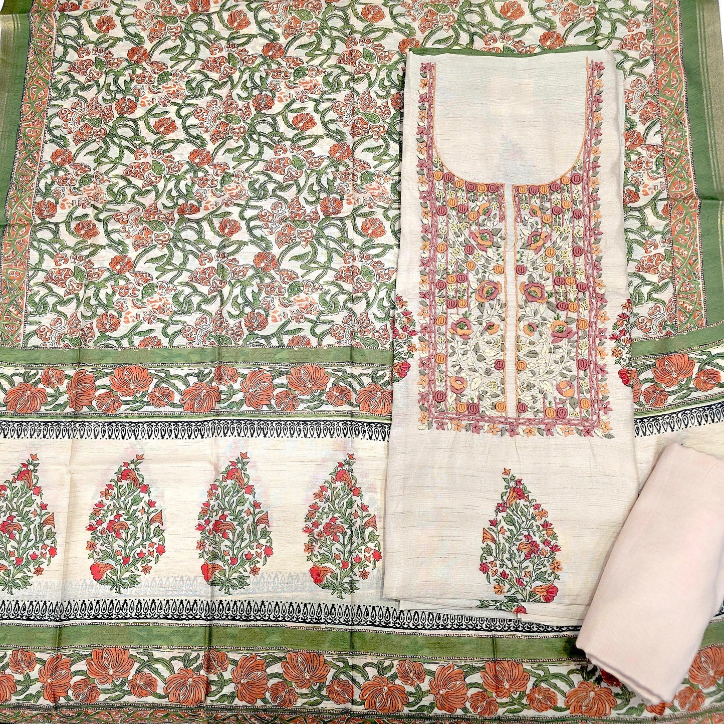 Javer Chanderi Silk Floral French Knots Dress Material for Women