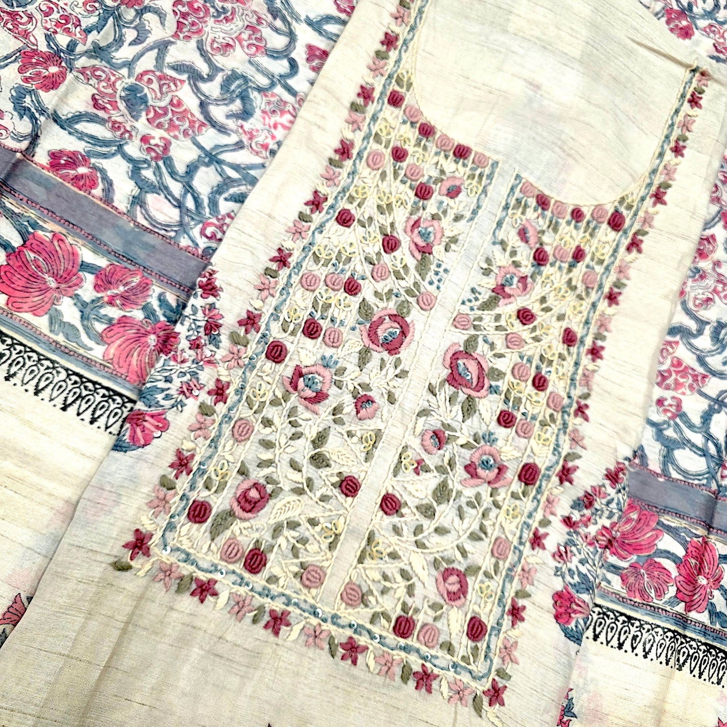 Javer Chanderi Silk Floral French Knots Dress Material for Women
