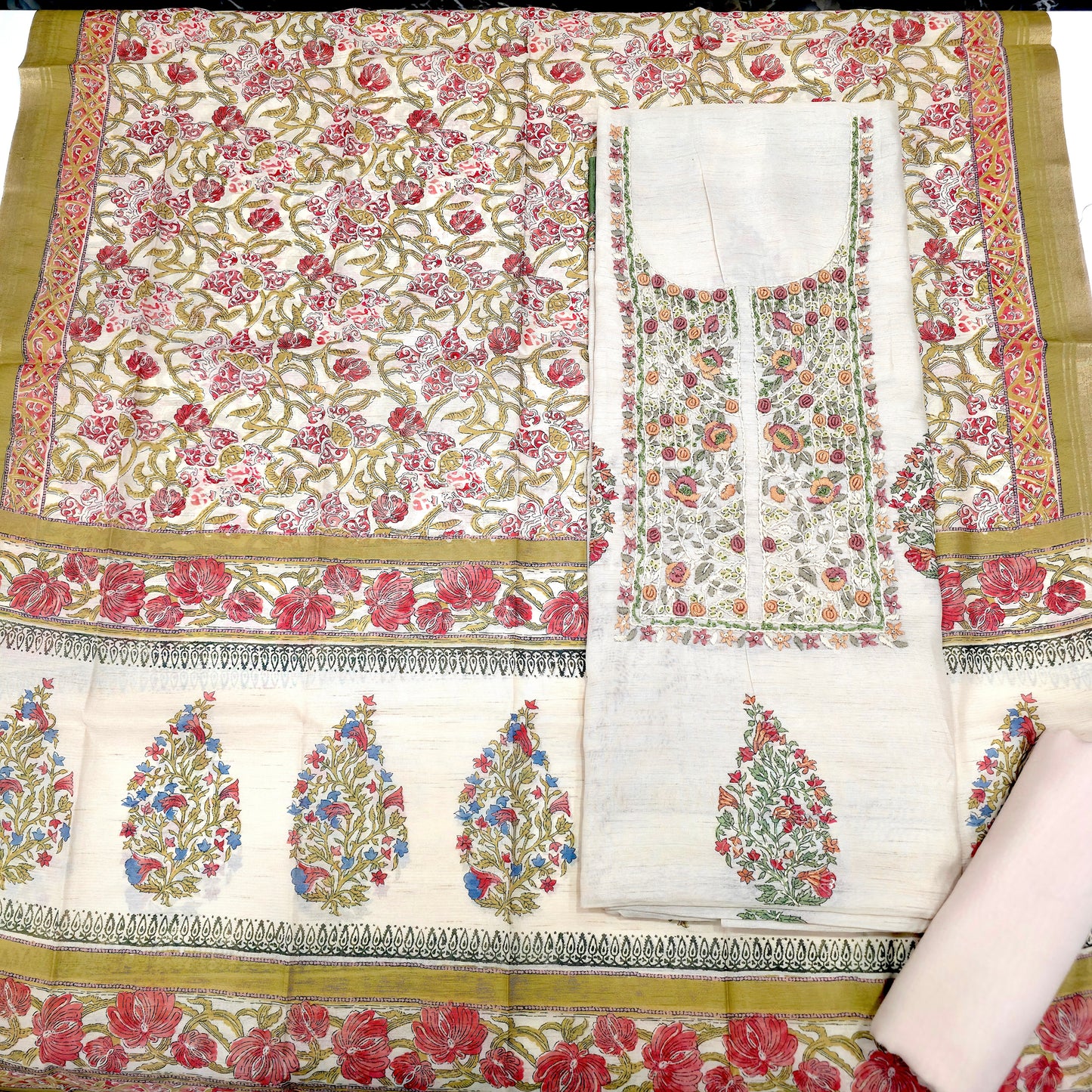 Javer Chanderi Silk Floral French Knots Dress Material for Women