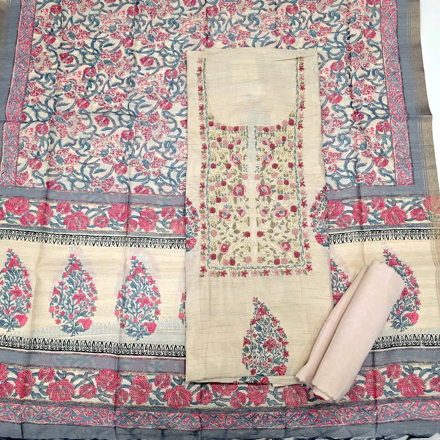 Javer Chanderi Silk Floral French Knots Dress Material for Women