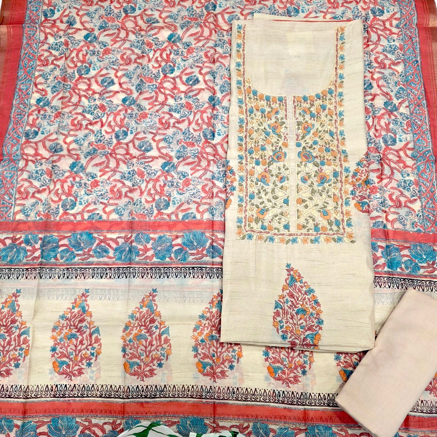 Javer Chanderi Silk Floral French Knots Dress Material for Women