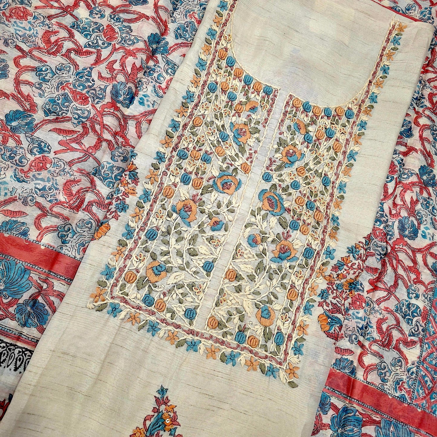 Javer Chanderi Silk Floral French Knots Dress Material for Women