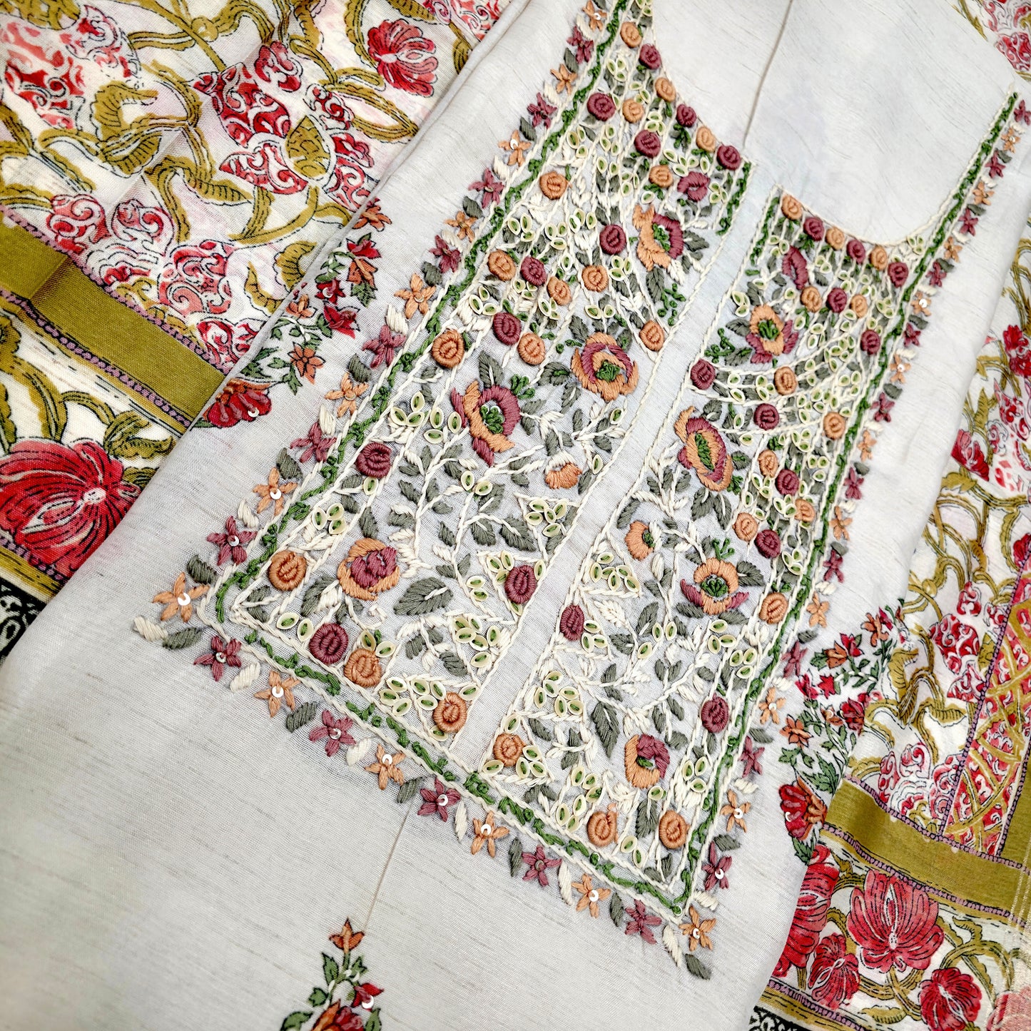 Javer Chanderi Silk Floral French Knots Dress Material for Women
