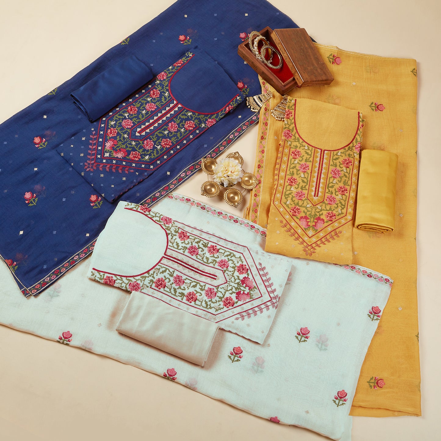 Javer Mul Chanderi Cross-Stitch embroidered Unstitched 3pcs Suit Set for Women