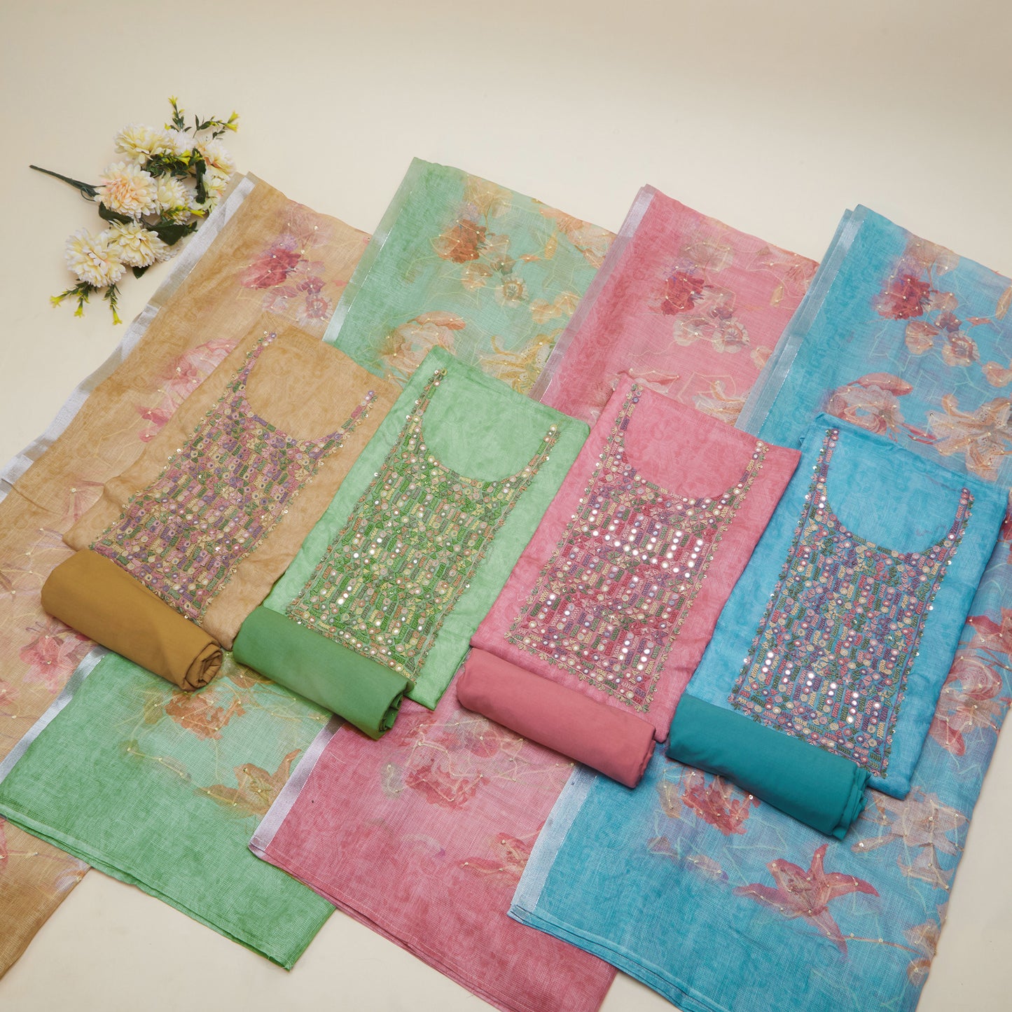 Javer Kota Silk French Knots & Mirror Work Unstitched Suit Set for Women