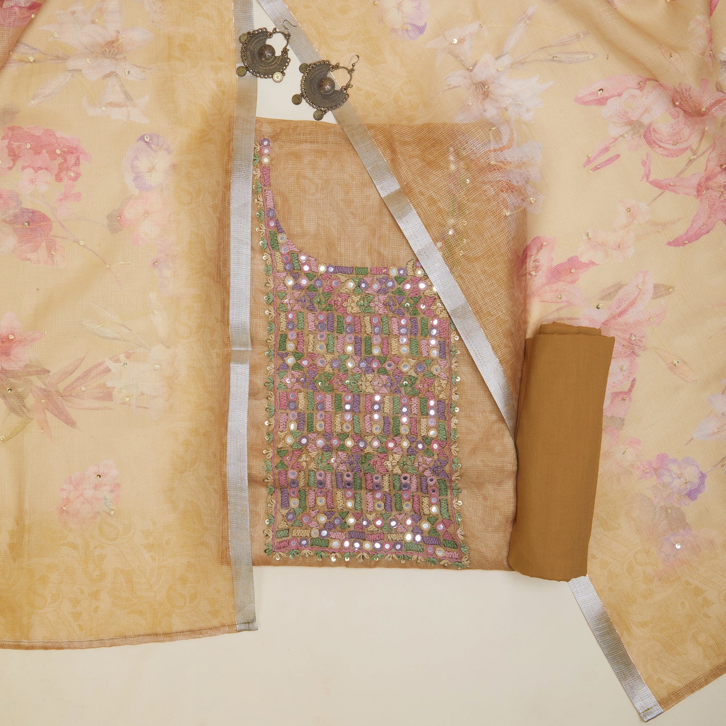 Javer Kota Silk French Knots & Mirror Work Unstitched Suit Set for Women