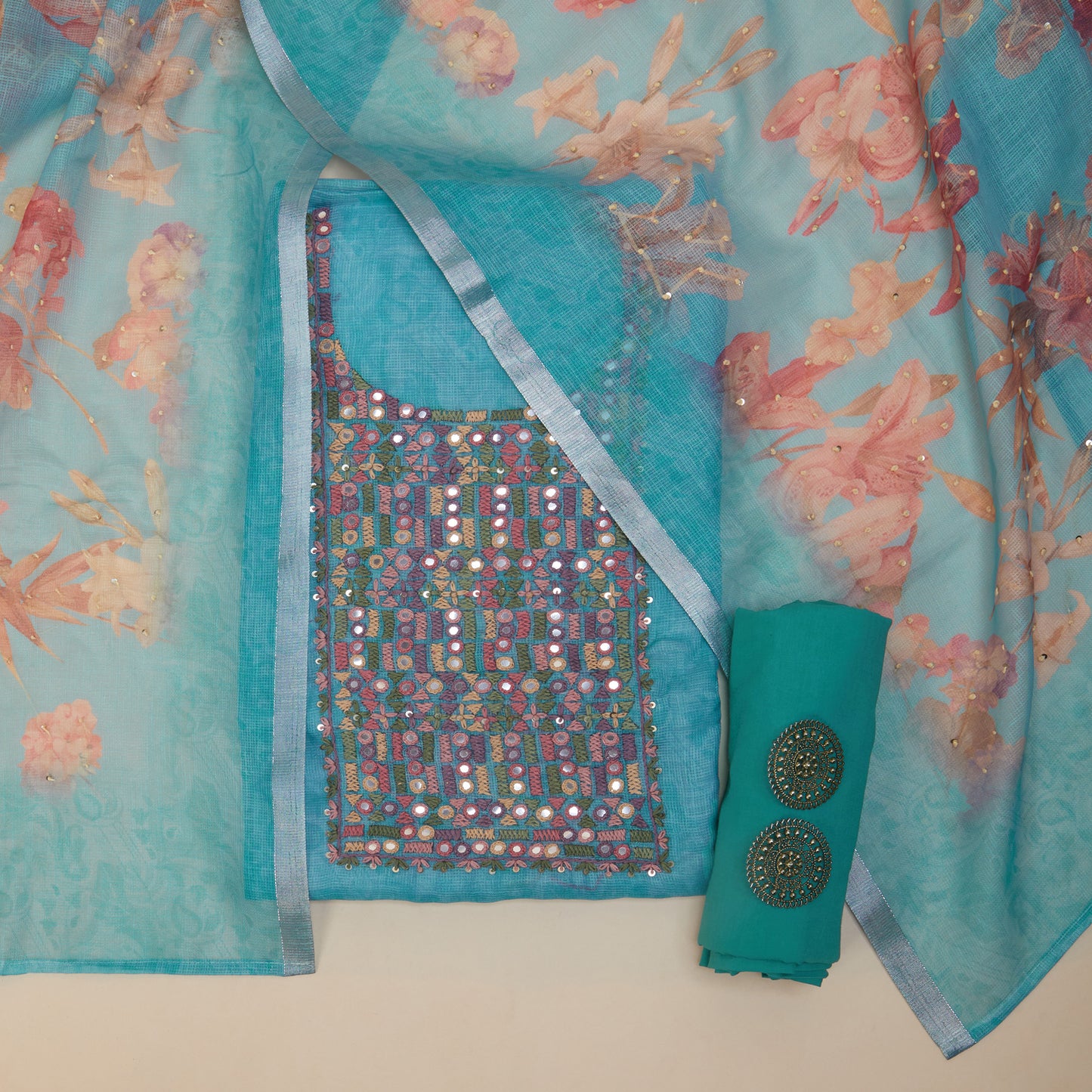 Javer Kota Silk French Knots & Mirror Work Unstitched Suit Set for Women