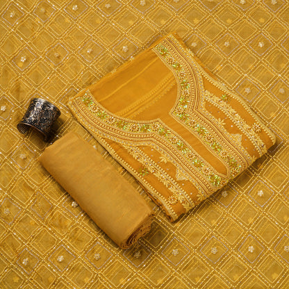 Javer Mustard Georgette Chikankari & Beaded Hand Work Unstitched Dress Material