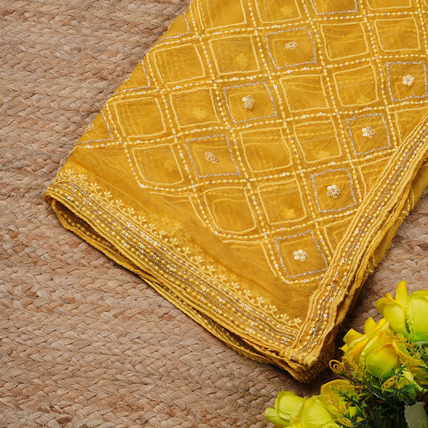 Javer Mustard Georgette Chikankari & Beaded Hand Work Unstitched Dress Material