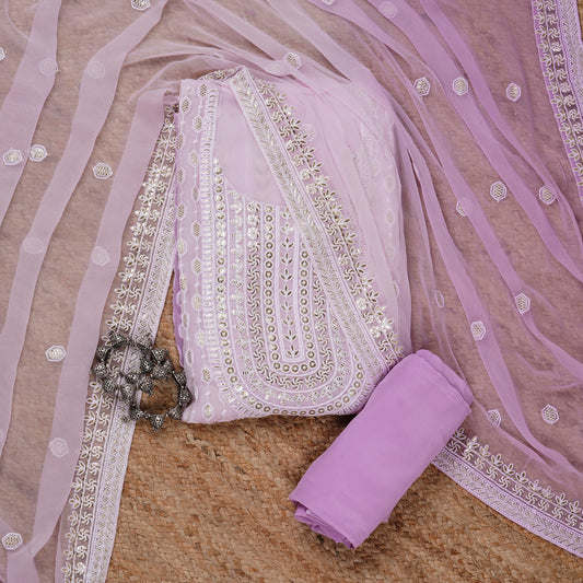 Javer Unstitched Dress Material - Lavender shaded Georgette Chikankari & Zari Thread Work