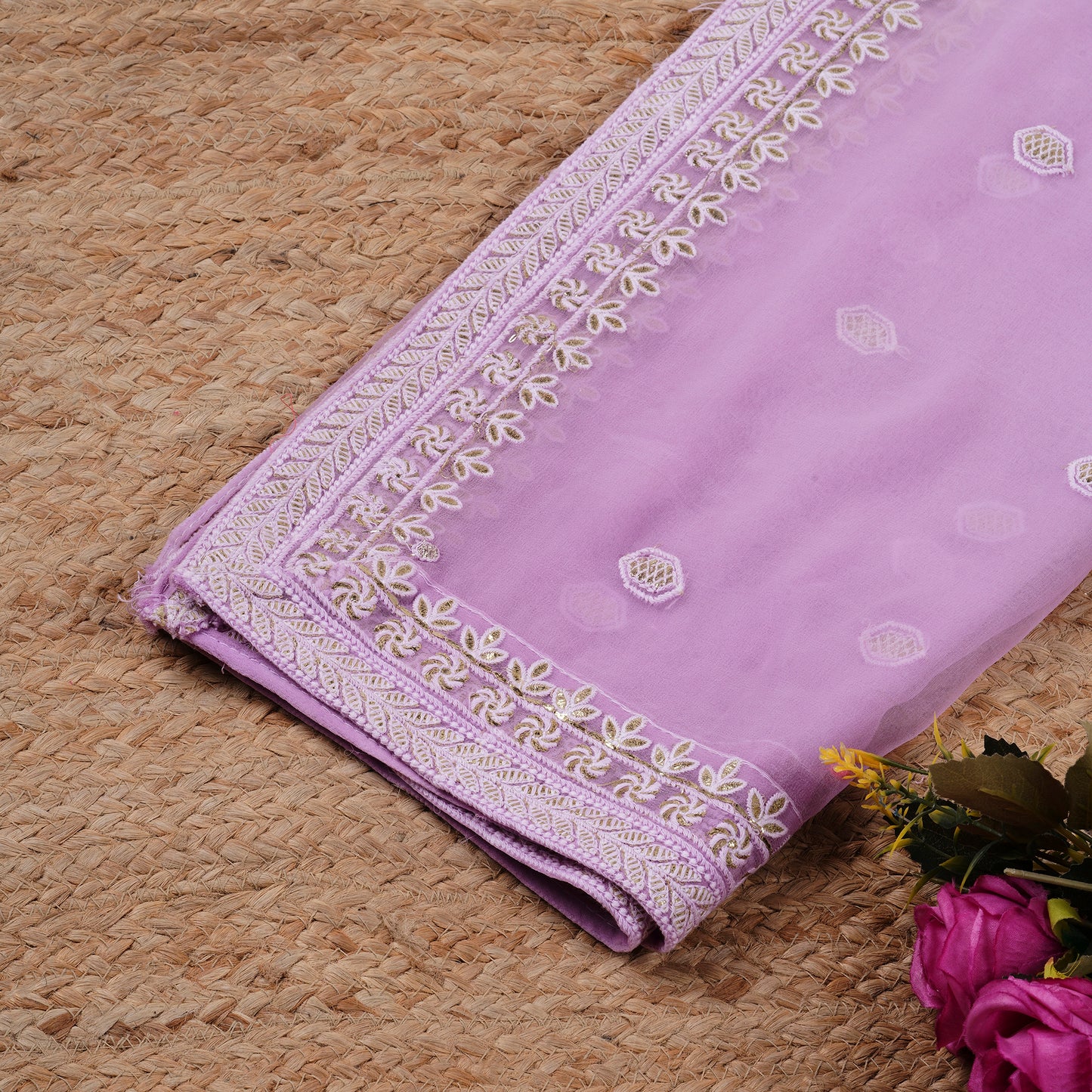 Javer Unstitched Dress Material - Lavender shaded Georgette Chikankari & Zari Thread Work