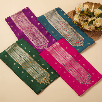 Javer Banarasi Silk  Golden Foil Buttis Unstitched 3pcs Suit Set for Women