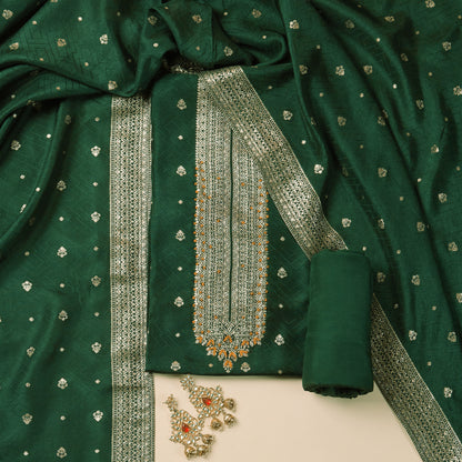 Javer Banarasi Silk  Golden Foil Buttis Unstitched 3pcs Suit Set for Women