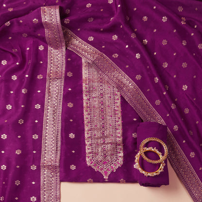 Javer Banarasi Silk  Golden Foil Buttis Unstitched 3pcs Suit Set for Women