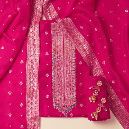 Javer Banarasi Silk  Golden Foil Buttis Unstitched 3pcs Suit Set for Women