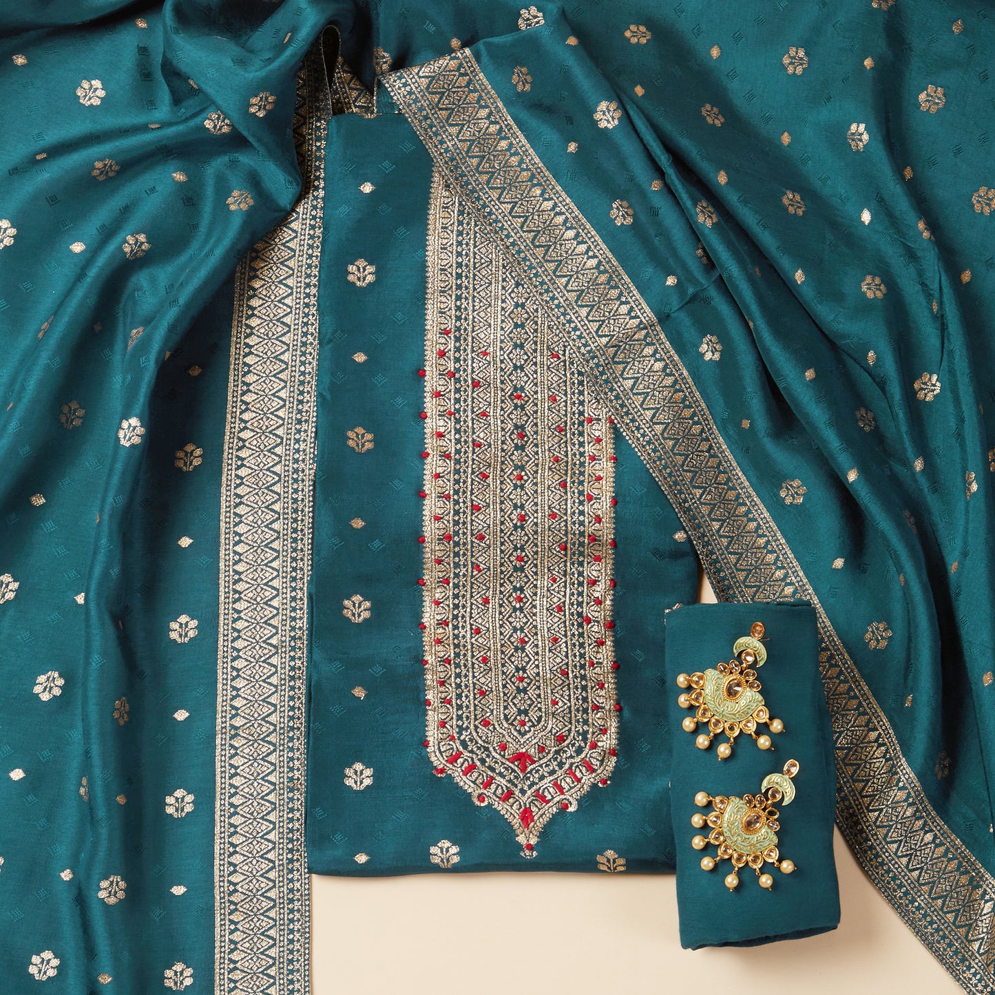 Javer Banarasi Silk  Golden Foil Buttis Unstitched 3pcs Suit Set for Women
